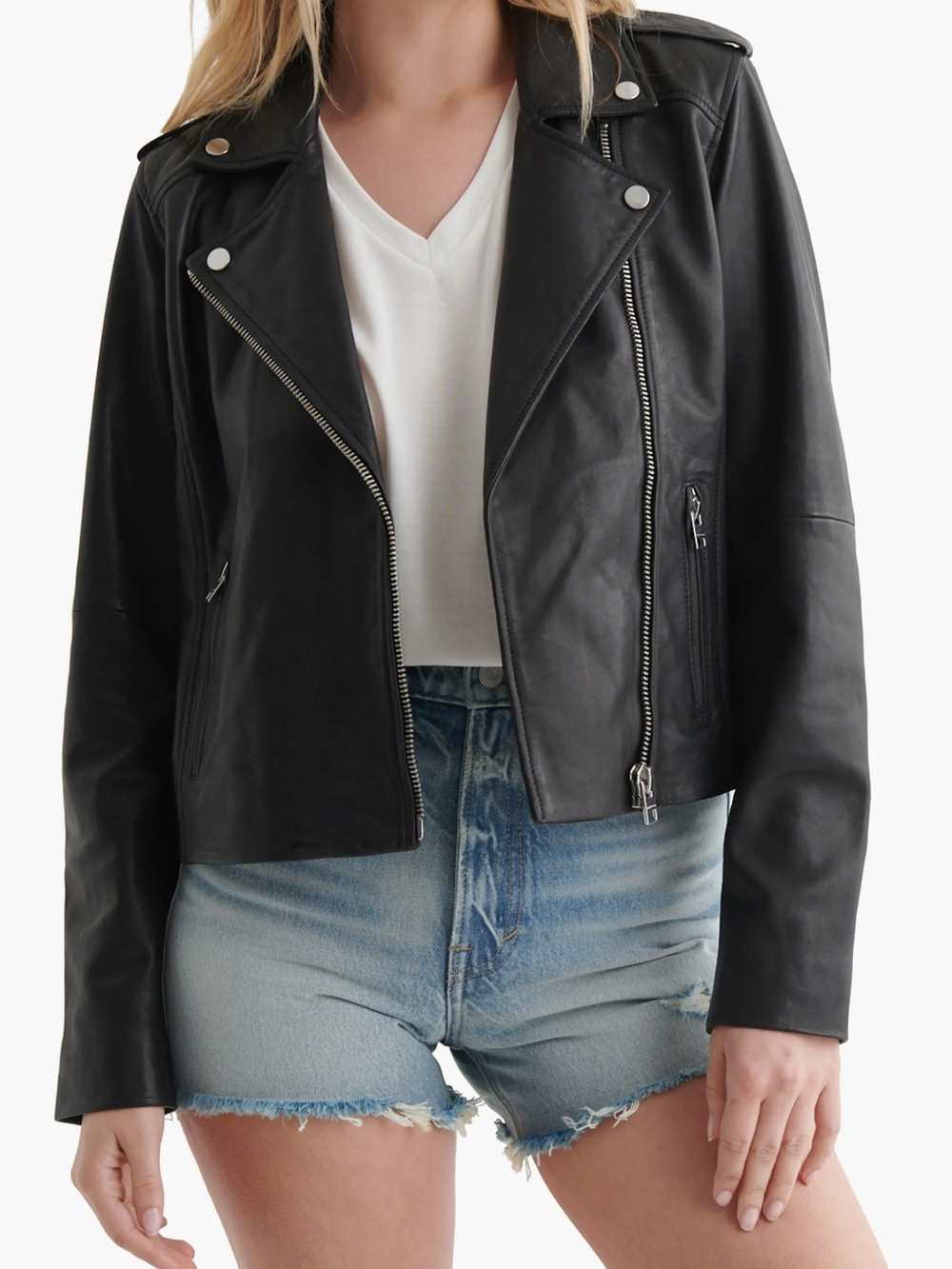 Lucky Brand Distressed Black Leather Moto Jacket, Size Medium